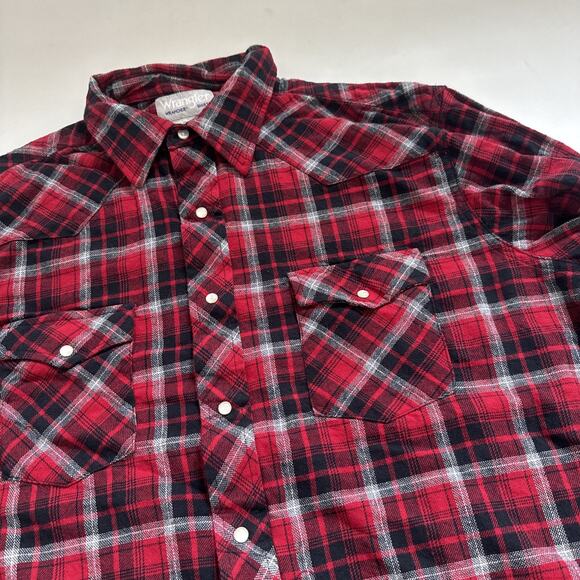 VTG Wrangler Wrancher Cowboy Shirt Men XL Red Plaid Pearl Snap Flannel Western - Picture 2 of 11